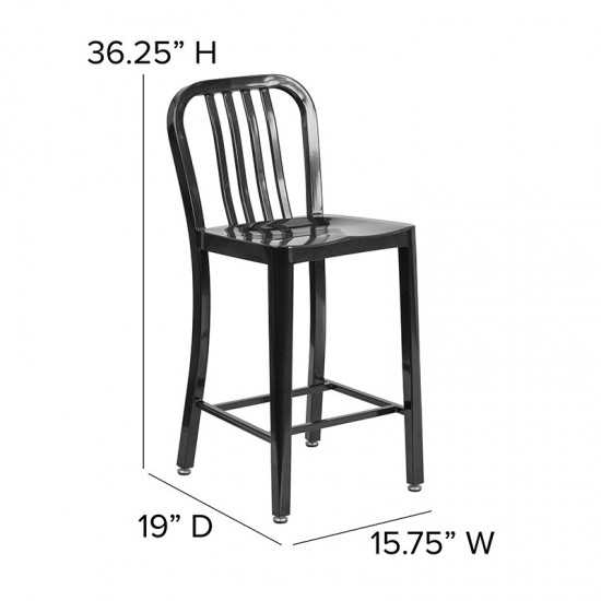 Commercial Grade 24" High Black Metal Indoor-Outdoor Counter Height Stool with Vertical Slat Back