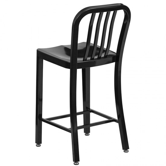 Commercial Grade 24" High Black Metal Indoor-Outdoor Counter Height Stool with Vertical Slat Back