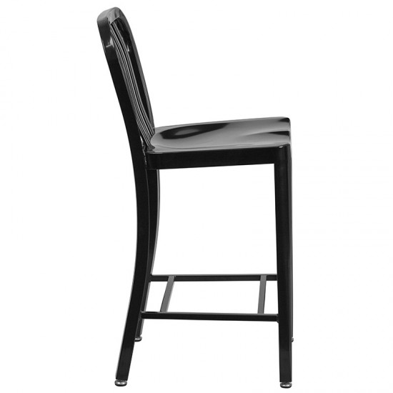 Commercial Grade 24" High Black Metal Indoor-Outdoor Counter Height Stool with Vertical Slat Back