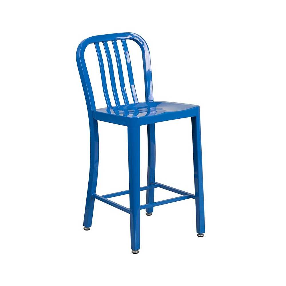 Commercial Grade 24" High Blue Metal Indoor-Outdoor Counter Height Stool with Vertical Slat Back