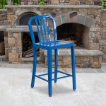 Commercial Grade 24" High Blue Metal Indoor-Outdoor Counter Height Stool with Vertical Slat Back