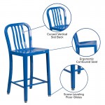 Commercial Grade 24" High Blue Metal Indoor-Outdoor Counter Height Stool with Vertical Slat Back