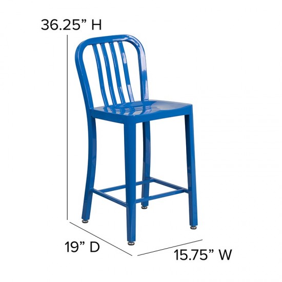 Commercial Grade 24" High Blue Metal Indoor-Outdoor Counter Height Stool with Vertical Slat Back