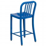 Commercial Grade 24" High Blue Metal Indoor-Outdoor Counter Height Stool with Vertical Slat Back