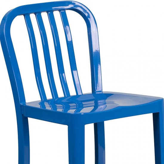 Commercial Grade 24" High Blue Metal Indoor-Outdoor Counter Height Stool with Vertical Slat Back