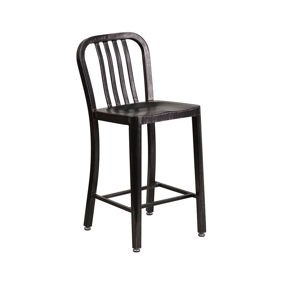 Commercial Grade 24" High Black-Antique Gold Metal Indoor-Outdoor Counter Height Stool with Vertical Slat Back