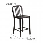 Commercial Grade 24" High Black-Antique Gold Metal Indoor-Outdoor Counter Height Stool with Vertical Slat Back