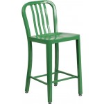 Commercial Grade 24" High Green Metal Indoor-Outdoor Counter Height Stool with Vertical Slat Back