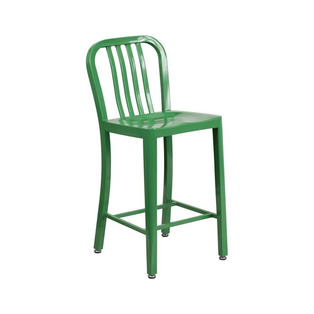 Commercial Grade 24" High Green Metal Indoor-Outdoor Counter Height Stool with Vertical Slat Back