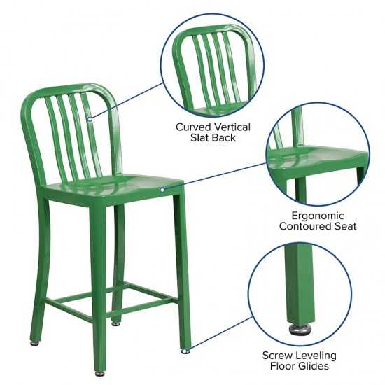 Commercial Grade 24" High Green Metal Indoor-Outdoor Counter Height Stool with Vertical Slat Back