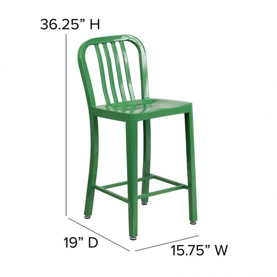 Commercial Grade 24" High Green Metal Indoor-Outdoor Counter Height Stool with Vertical Slat Back