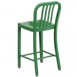 Commercial Grade 24" High Green Metal Indoor-Outdoor Counter Height Stool with Vertical Slat Back