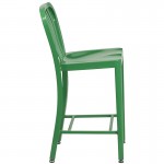 Commercial Grade 24" High Green Metal Indoor-Outdoor Counter Height Stool with Vertical Slat Back