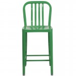 Commercial Grade 24" High Green Metal Indoor-Outdoor Counter Height Stool with Vertical Slat Back