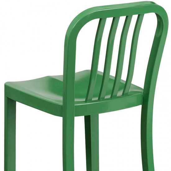 Commercial Grade 24" High Green Metal Indoor-Outdoor Counter Height Stool with Vertical Slat Back