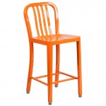 Commercial Grade 24" High Orange Metal Indoor-Outdoor Counter Height Stool with Vertical Slat Back