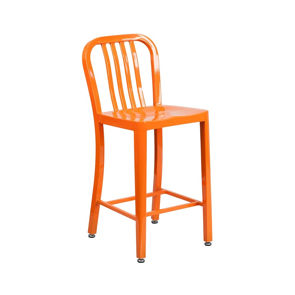 Commercial Grade 24" High Orange Metal Indoor-Outdoor Counter Height Stool with Vertical Slat Back Commercial Grade 24" High Orange Metal Indoor-Outdoor Counter Height Stool with Vertical Slat Back