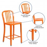 Commercial Grade 24" High Orange Metal Indoor-Outdoor Counter Height Stool with Vertical Slat Back