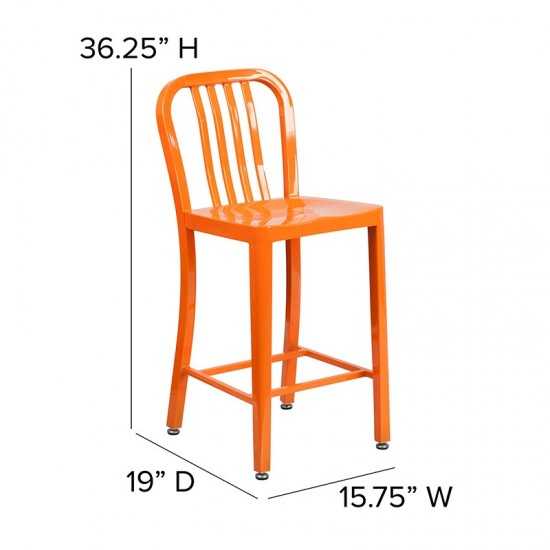 Commercial Grade 24" High Orange Metal Indoor-Outdoor Counter Height Stool with Vertical Slat Back