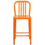 Commercial Grade 24" High Orange Metal Indoor-Outdoor Counter Height Stool with Vertical Slat Back