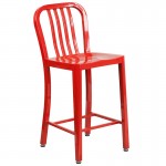 Commercial Grade 24" High Red Metal Indoor-Outdoor Counter Height Stool with Vertical Slat Back