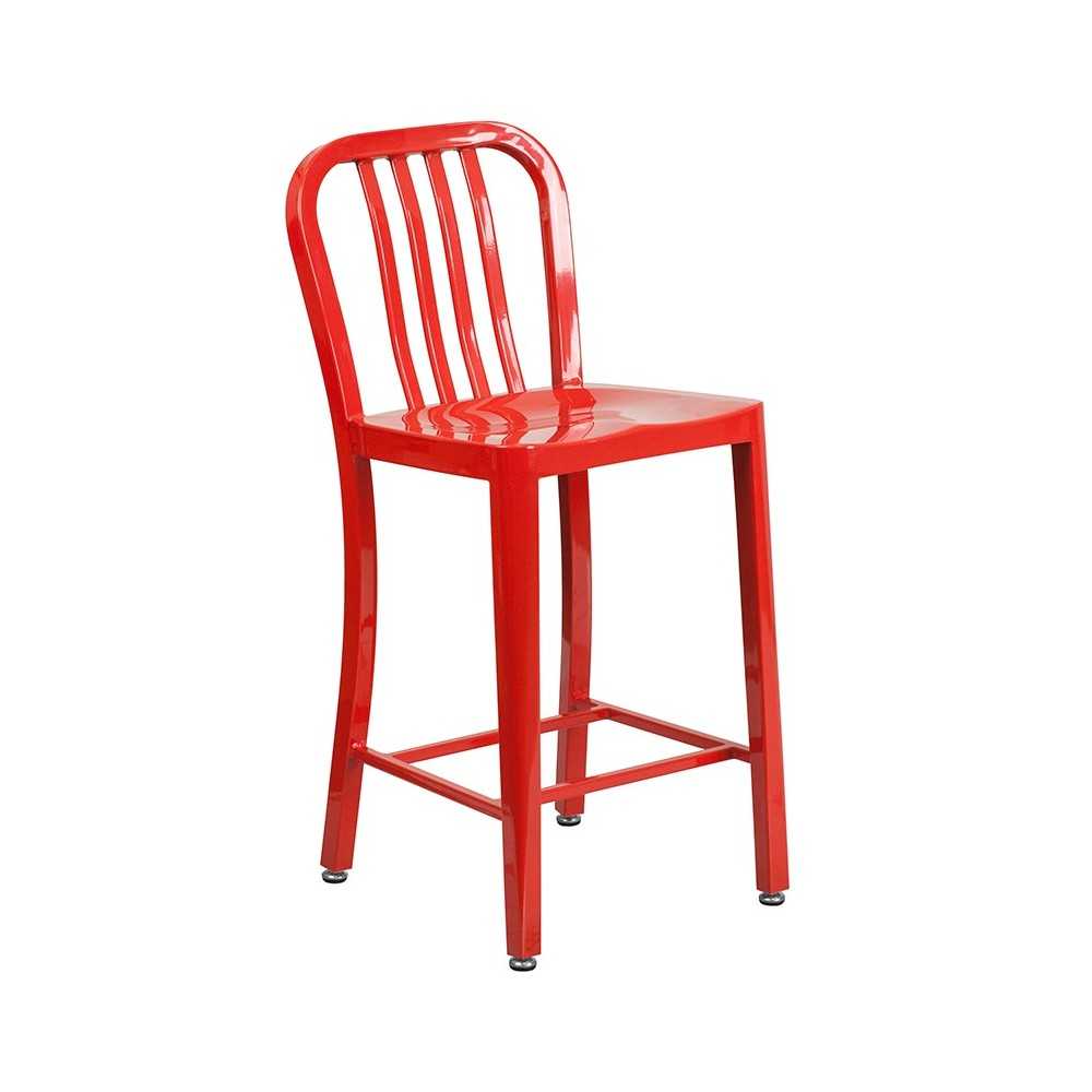 Commercial Grade 24" High Red Metal Indoor-Outdoor Counter Height Stool with Vertical Slat Back