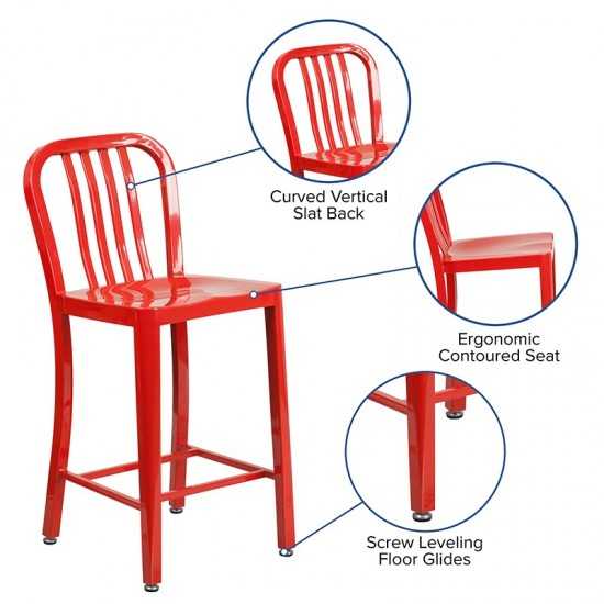 Commercial Grade 24" High Red Metal Indoor-Outdoor Counter Height Stool with Vertical Slat Back