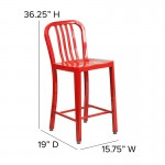 Commercial Grade 24" High Red Metal Indoor-Outdoor Counter Height Stool with Vertical Slat Back