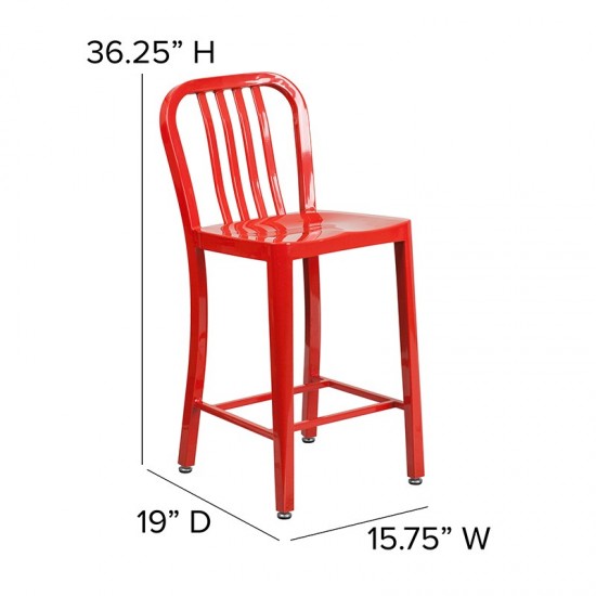 Commercial Grade 24" High Red Metal Indoor-Outdoor Counter Height Stool with Vertical Slat Back