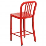 Commercial Grade 24" High Red Metal Indoor-Outdoor Counter Height Stool with Vertical Slat Back