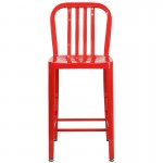 Commercial Grade 24" High Red Metal Indoor-Outdoor Counter Height Stool with Vertical Slat Back