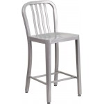 Commercial Grade 24" High Silver Metal Indoor-Outdoor Counter Height Stool with Vertical Slat Back