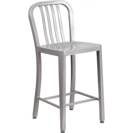 Commercial Grade 24" High Silver Metal Indoor-Outdoor Counter Height Stool with Vertical Slat Back