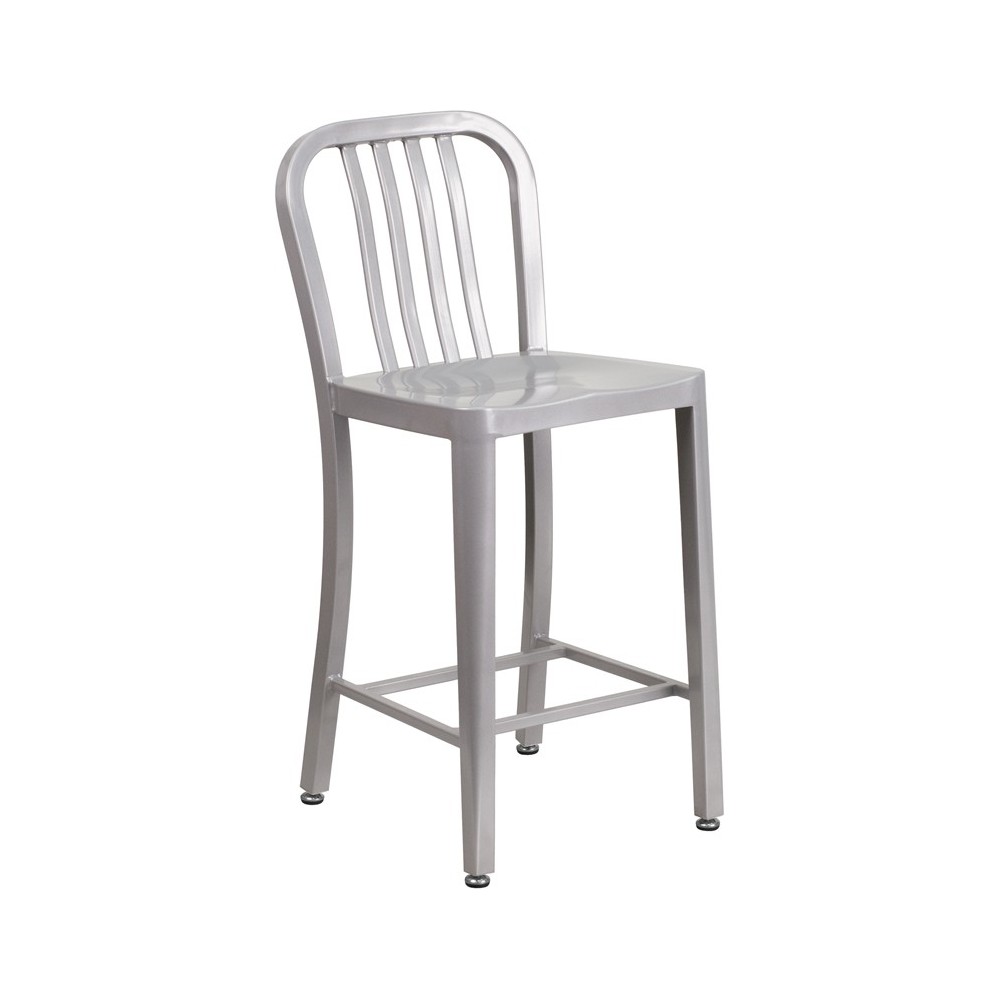 Commercial Grade 24" High Silver Metal Indoor-Outdoor Counter Height Stool with Vertical Slat Back