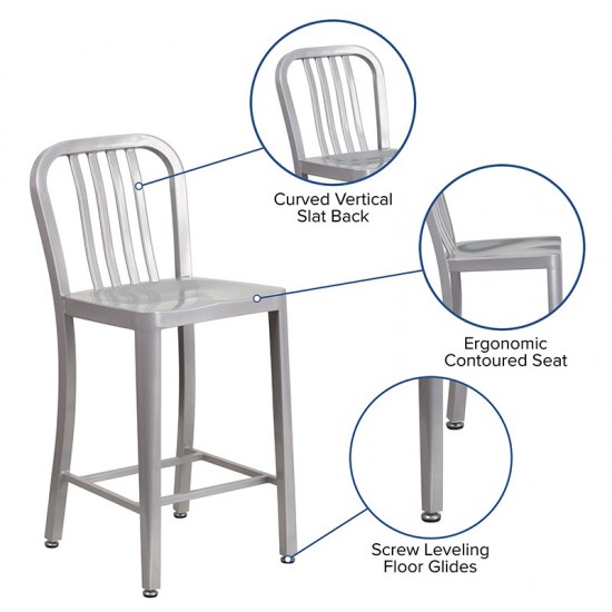 Commercial Grade 24" High Silver Metal Indoor-Outdoor Counter Height Stool with Vertical Slat Back