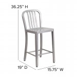 Commercial Grade 24" High Silver Metal Indoor-Outdoor Counter Height Stool with Vertical Slat Back