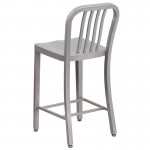 Commercial Grade 24" High Silver Metal Indoor-Outdoor Counter Height Stool with Vertical Slat Back