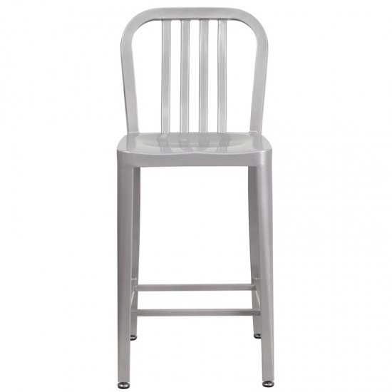 Commercial Grade 24" High Silver Metal Indoor-Outdoor Counter Height Stool with Vertical Slat Back