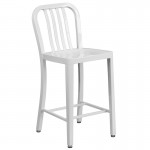 Commercial Grade 24" High White Metal Indoor-Outdoor Counter Height Stool with Vertical Slat Back