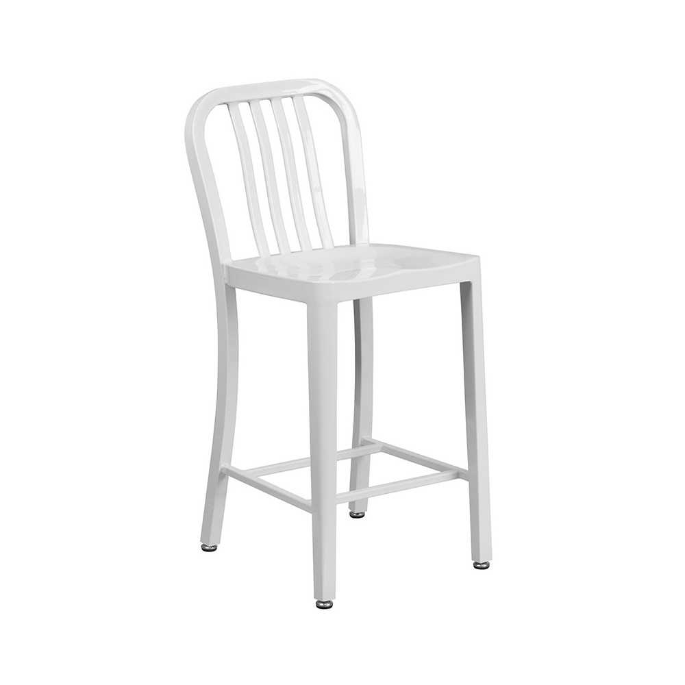 Commercial Grade 24" High White Metal Indoor-Outdoor Counter Height Stool with Vertical Slat Back