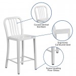 Commercial Grade 24" High White Metal Indoor-Outdoor Counter Height Stool with Vertical Slat Back