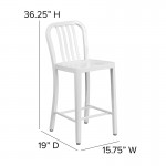 Commercial Grade 24" High White Metal Indoor-Outdoor Counter Height Stool with Vertical Slat Back