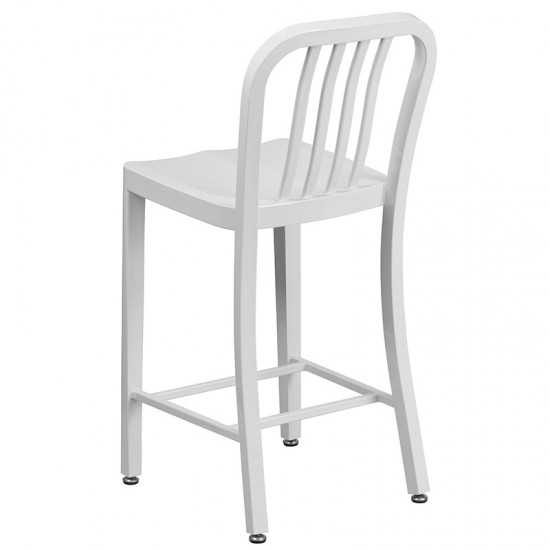 Commercial Grade 24" High White Metal Indoor-Outdoor Counter Height Stool with Vertical Slat Back