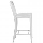 Commercial Grade 24" High White Metal Indoor-Outdoor Counter Height Stool with Vertical Slat Back