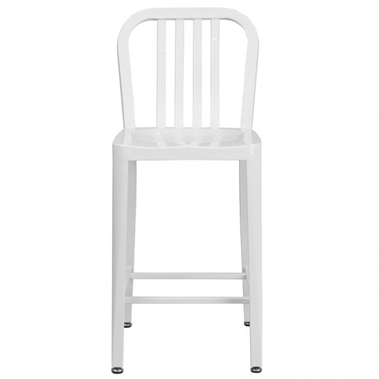 Commercial Grade 24" High White Metal Indoor-Outdoor Counter Height Stool with Vertical Slat Back