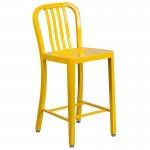 Commercial Grade 24" High Yellow Metal Indoor-Outdoor Counter Height Stool with Vertical Slat Back