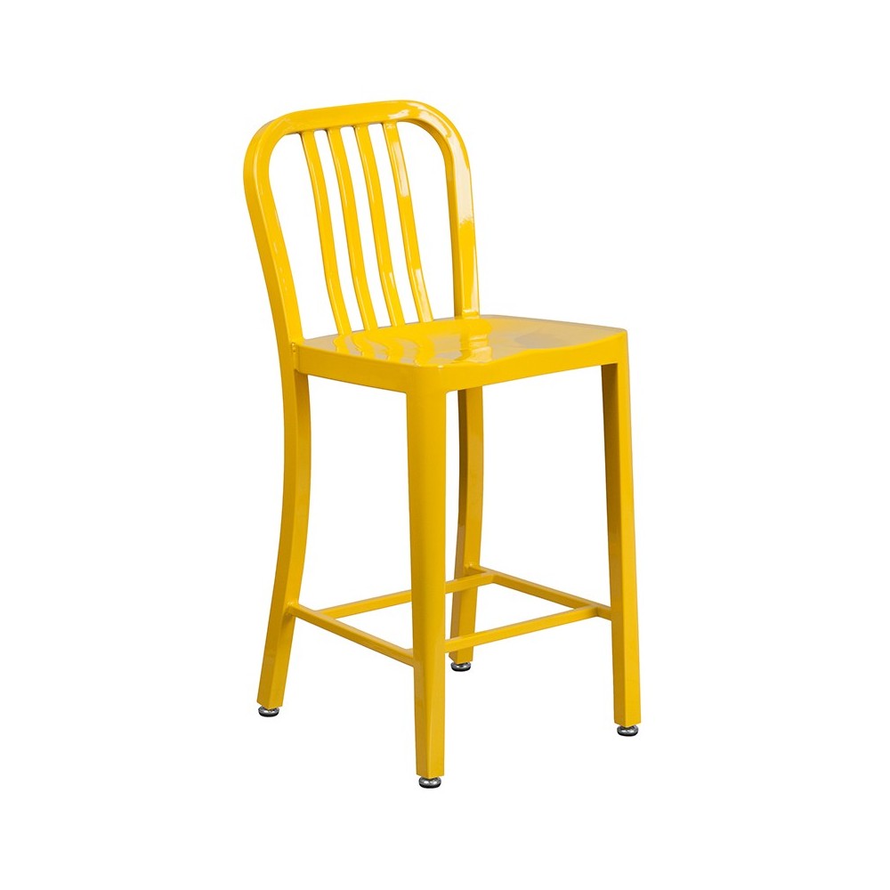 Commercial Grade 24" High Yellow Metal Indoor-Outdoor Counter Height Stool with Vertical Slat Back