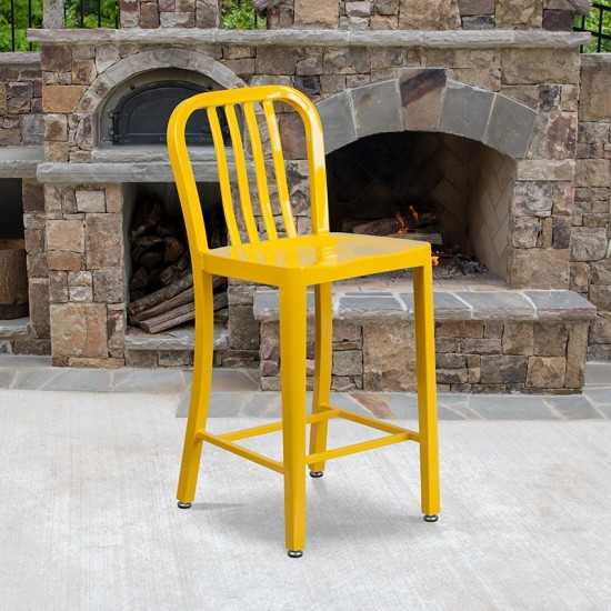 Commercial Grade 24" High Yellow Metal Indoor-Outdoor Counter Height Stool with Vertical Slat Back