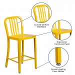 Commercial Grade 24" High Yellow Metal Indoor-Outdoor Counter Height Stool with Vertical Slat Back