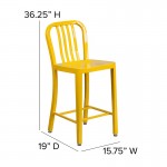 Commercial Grade 24" High Yellow Metal Indoor-Outdoor Counter Height Stool with Vertical Slat Back